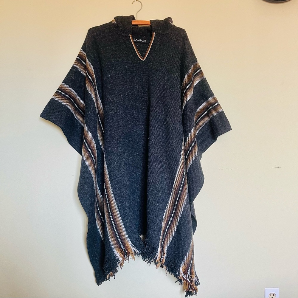 Gamboa Alpaca Wool Hooded Poncho Charcoal Striped Serape Cape, One Size